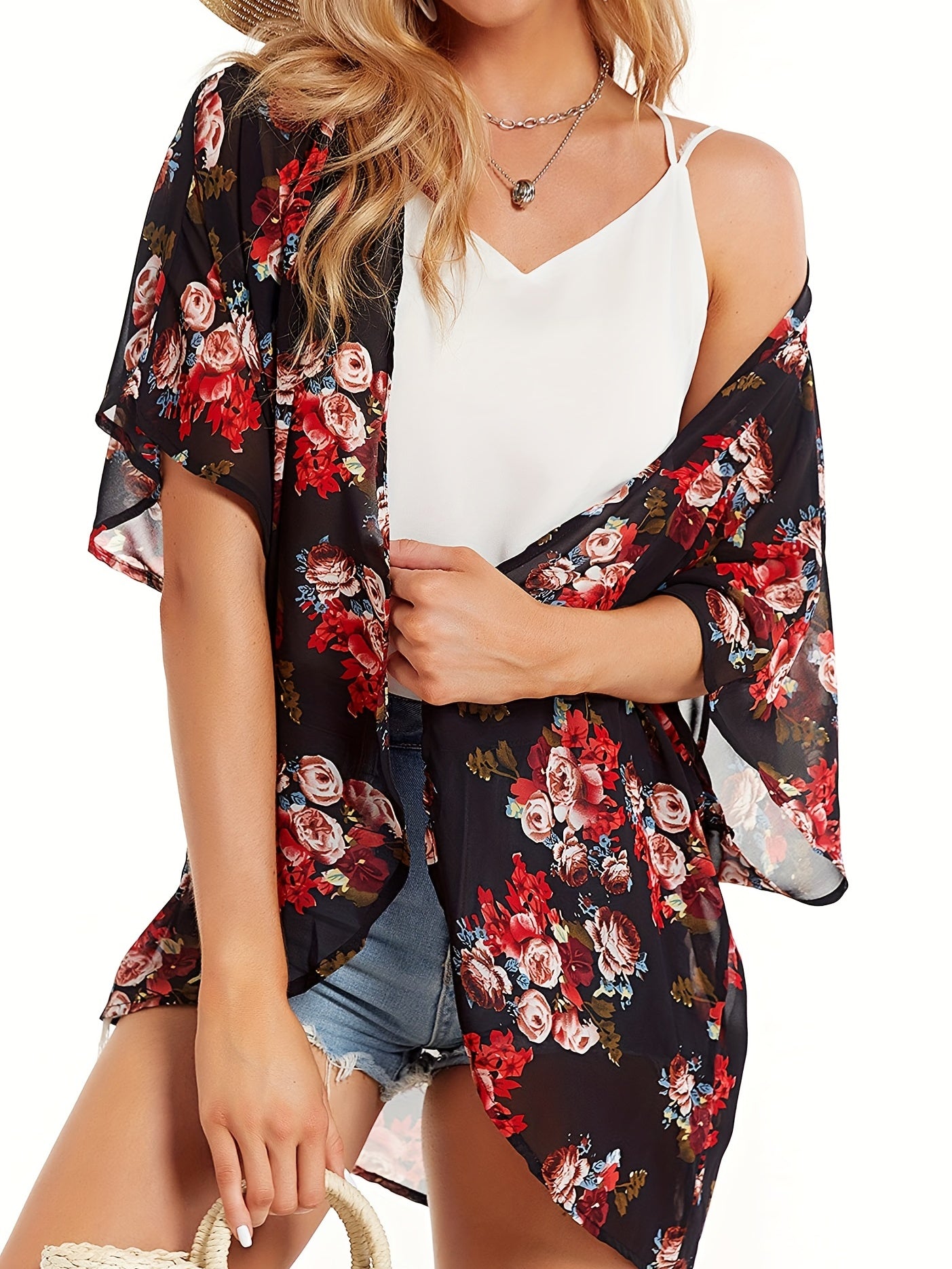  Floral Print Bat Sleeve Summer Cardigan