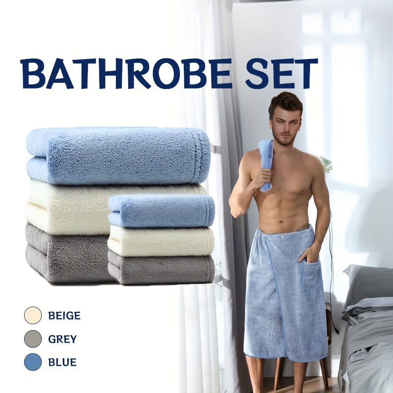 2pcs Men's Microfiber Bathrobe & Hand Towel Set Quick Drying