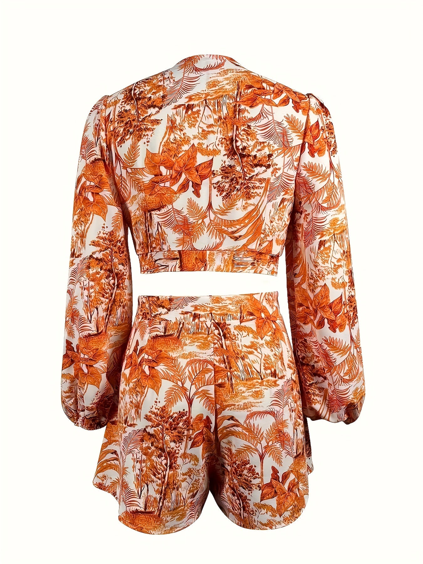 Leaves Print Two-piece Set Tie Front Crop Top & Shorts Outfit
