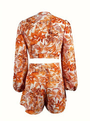 Leaves Print Two-piece Set Tie Front Crop Top & Shorts Outfit