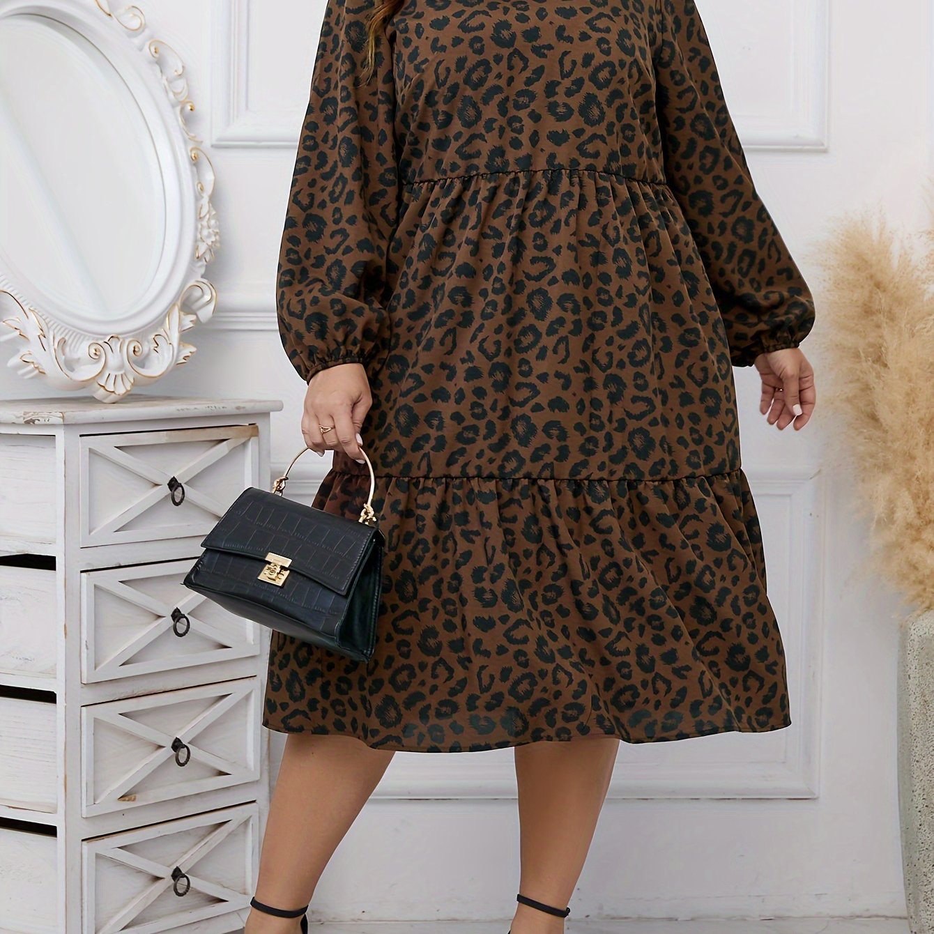  Leopard Print Lantern Sleeve Midi Smock Dress