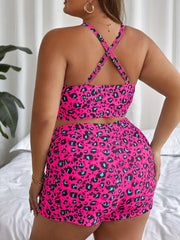  Leopard Print Tankini Set - Criss Cross Back Crop Top & Shorts