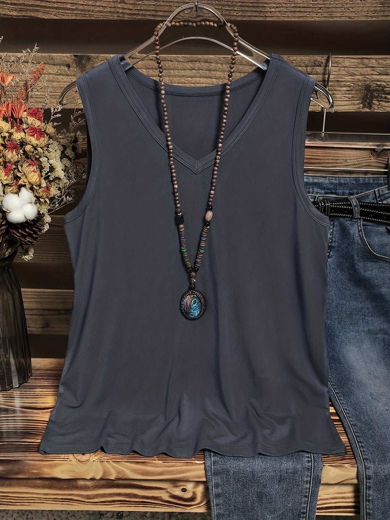  Casual Tank Top Women's Solid V Neck Loose Tank Top