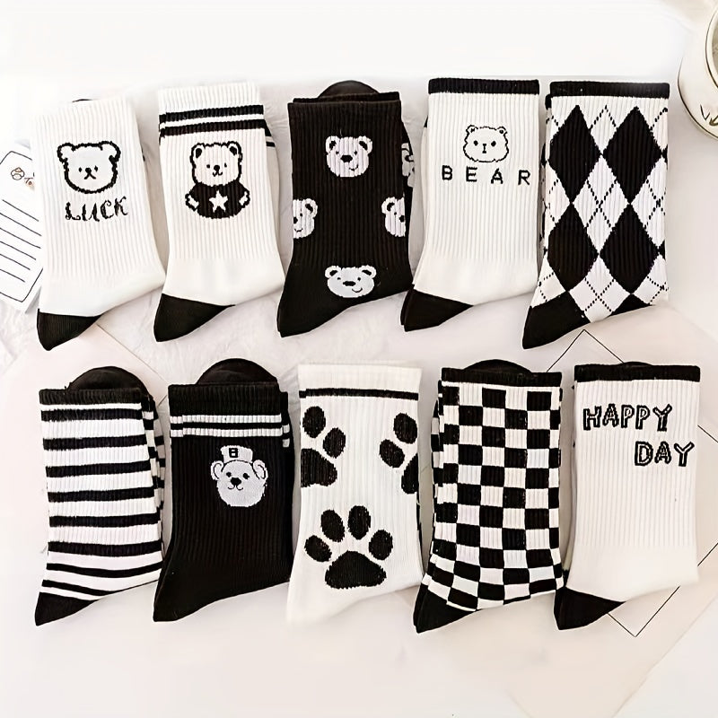 10 Pairs Women's Bear & Plaid Print Mid Tube Socks
