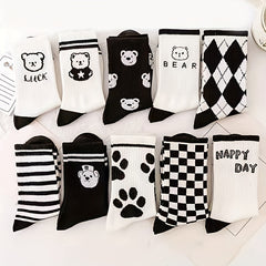 10 Pairs Women's Bear & Plaid Print Mid Tube Socks