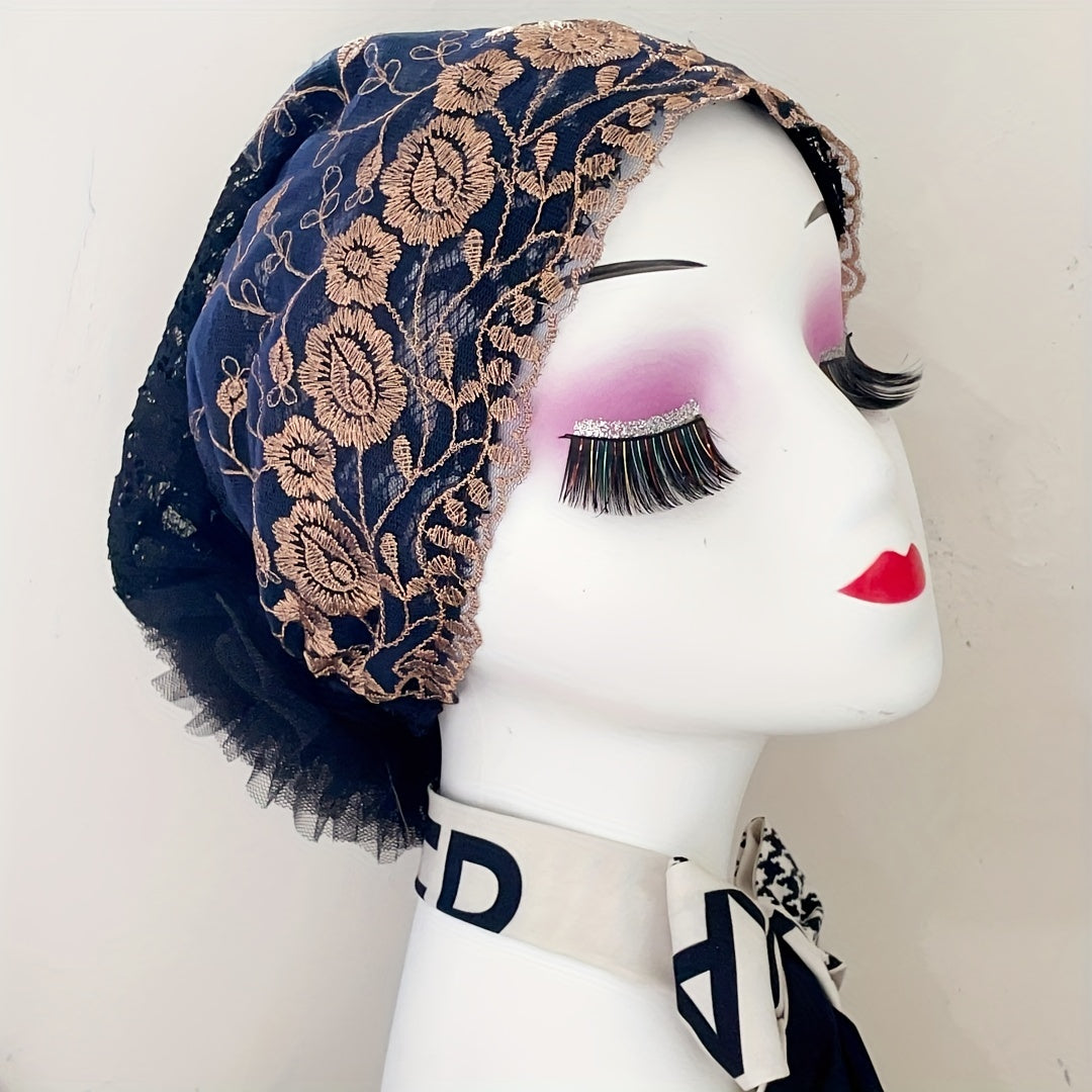 Vintage Lace Flower Embroidery Turban Cap Mesh Hijab Head Scarf