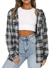  Plaid Print Button Up Hooded Shirt