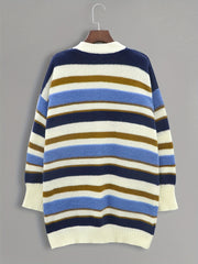  Casual Cardigan Women's Plus Stripe Print Button Up Long Sleeve