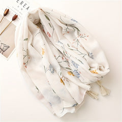 Beige Flower Print Scarf Tassel Shawl for Women