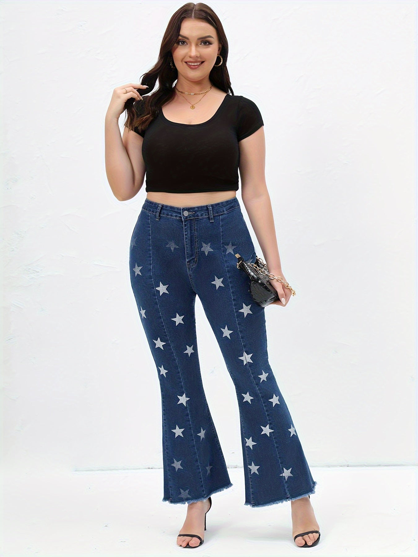  Star Print High Rise Flared Leg Jeans