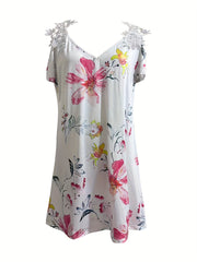  Women's Floral Print Lace Panel Cold Shoulder Dress