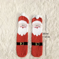 2 Pairs Christmas Fuzzy Socks Elk Cartoon Fleece Warm Sock Santa Claus Socks