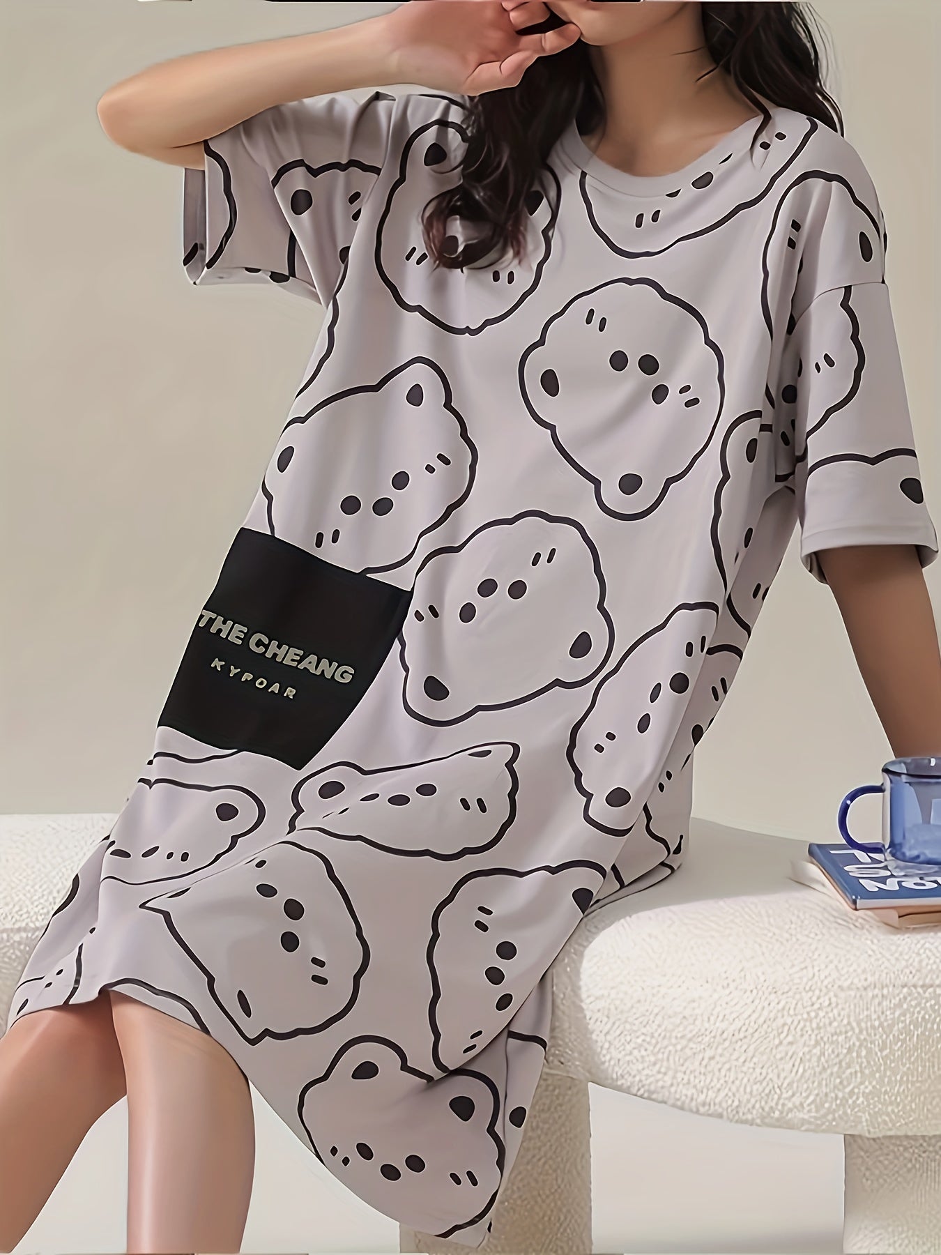 Bear Print NightDress Short Sleeve Pajama Dress