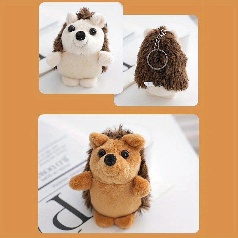 2pcs Hedgehog Plush Toys Keychain Soft Stuffed Animals Beige & Brown