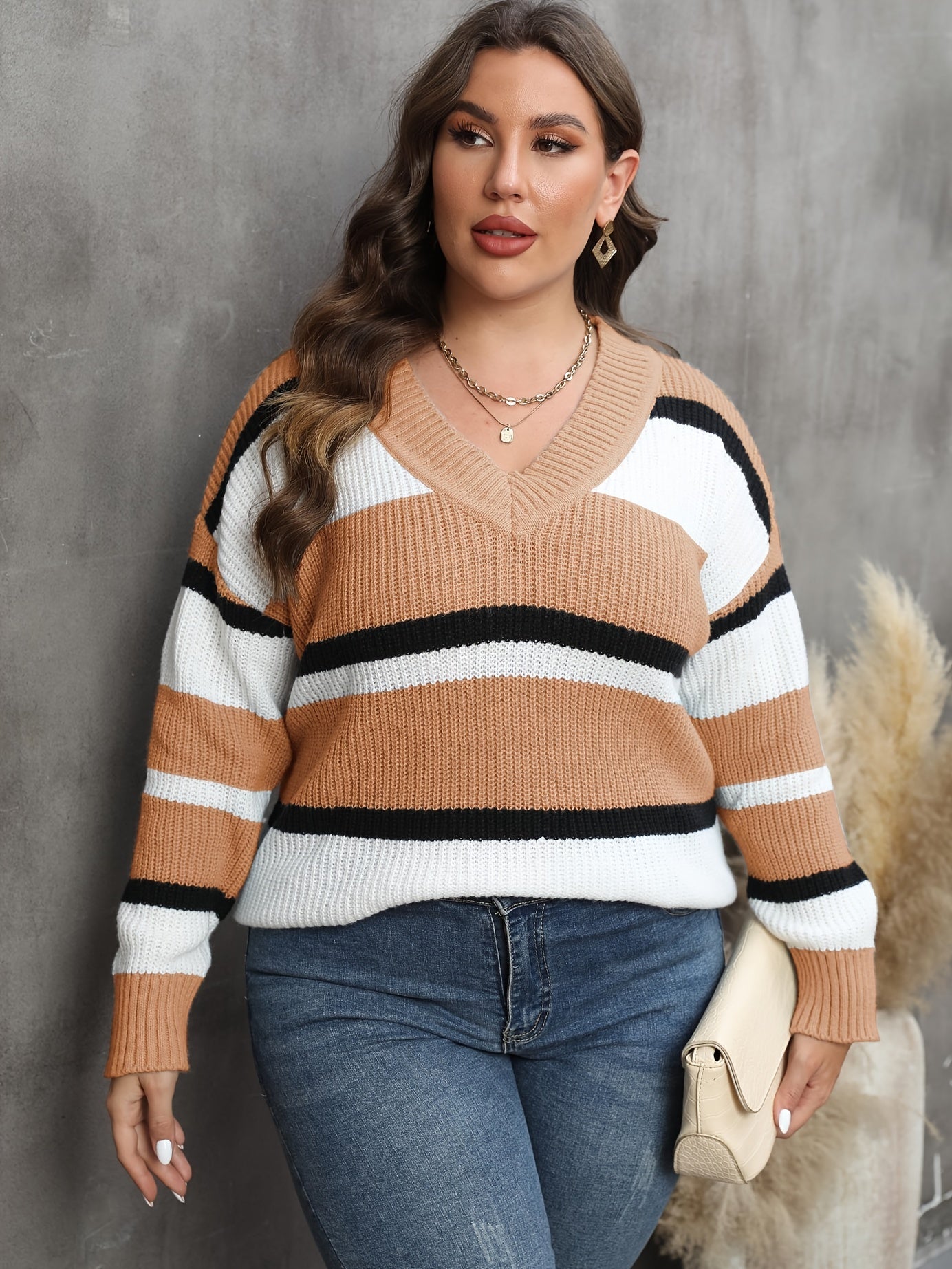  Colorblock V Neck Sweater Long Sleeve Stretch Jumper