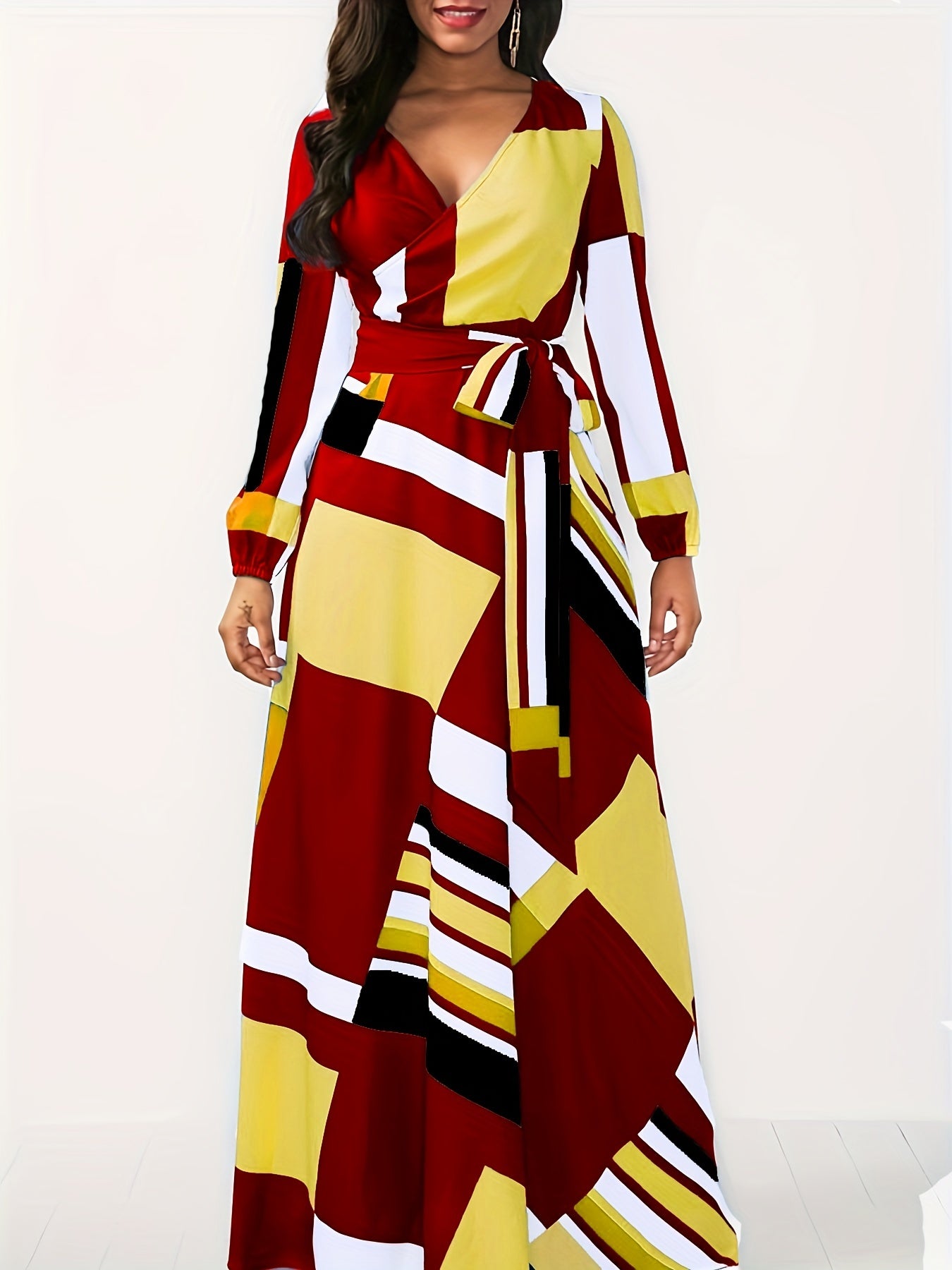  Sexy Dress Random Geometric Print V Neck Wrap Dress