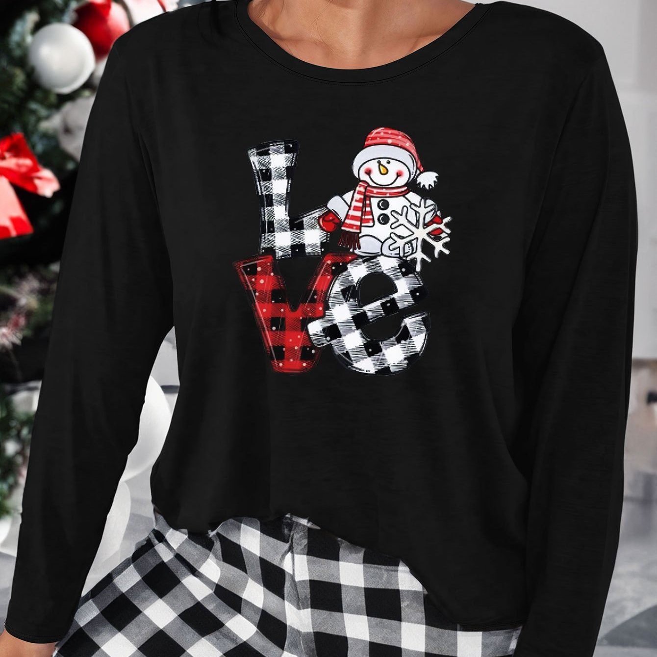  Snowman & Plaid Print Lounge Top Long Sleeve Tee