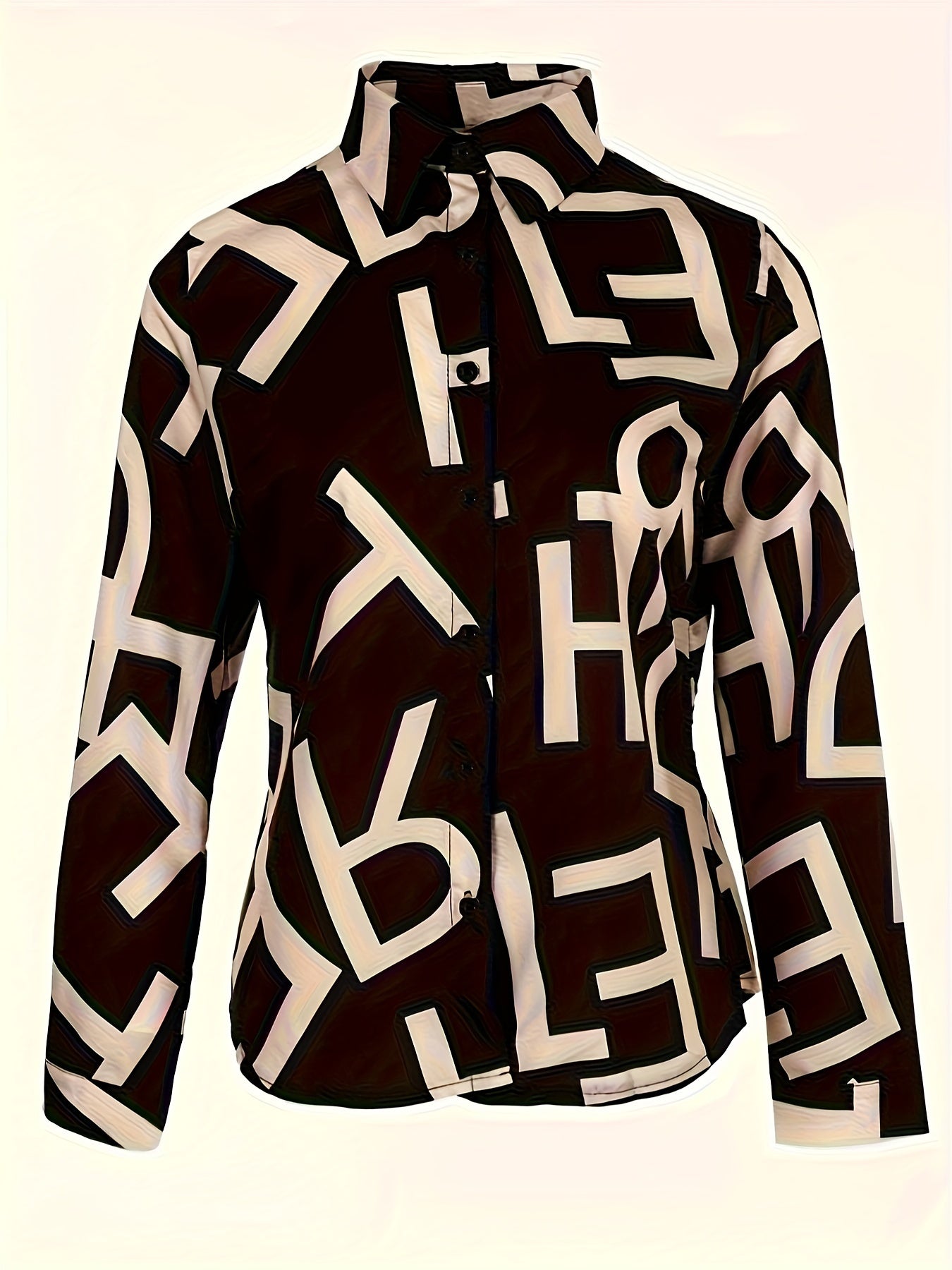  Letter Print Button Up Long Sleeve Blouse