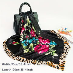 Flower Leopard Print Bandana Satin Shawl Silk Square Scarf