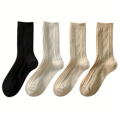 4 Pairs Argyle Print Socks Comfy & Warm Mid Tube Women's Stockings