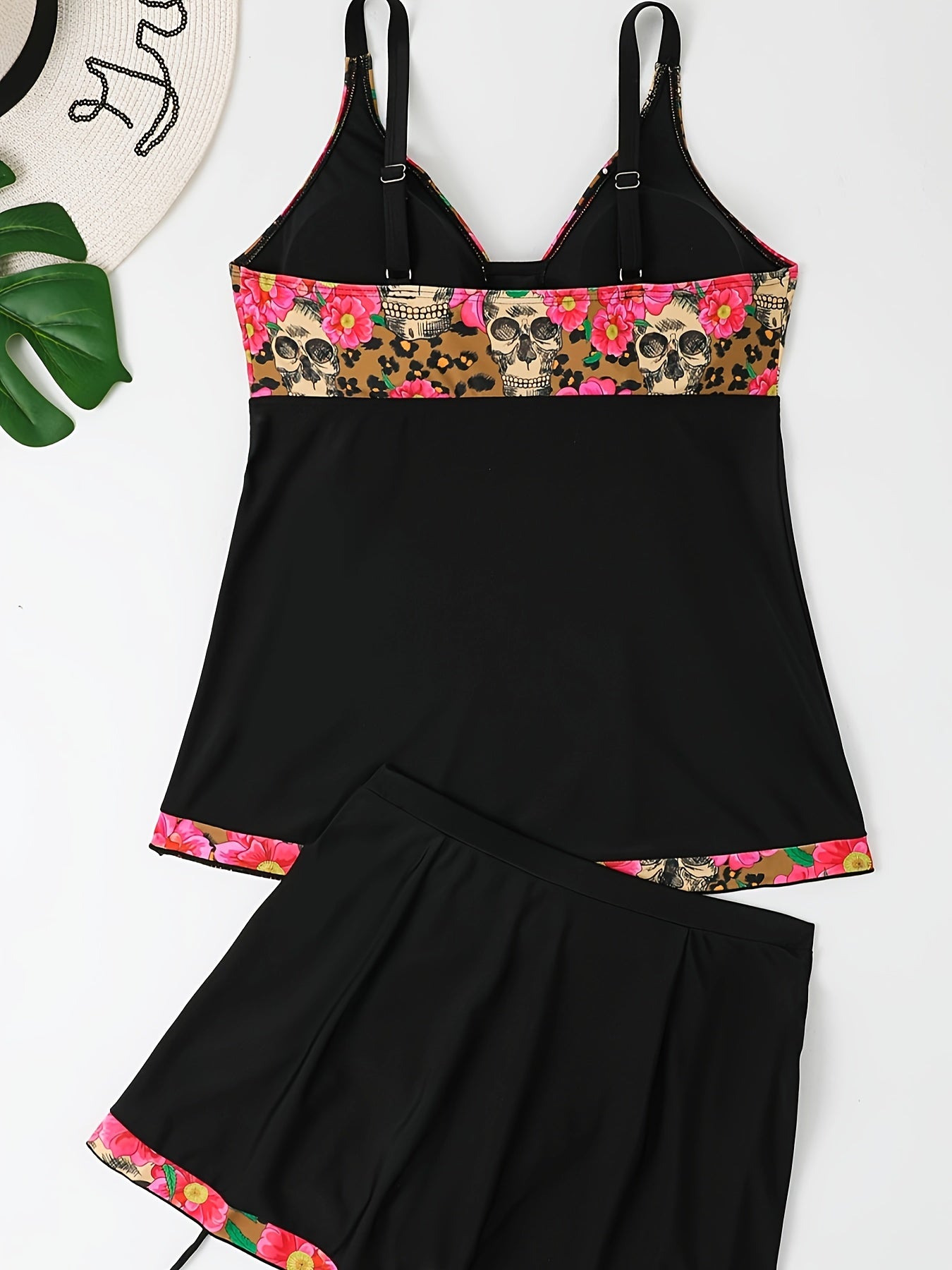  Gothic Tankini Set Floral Skull & Leopard Print V Neck Cami Top & Draw