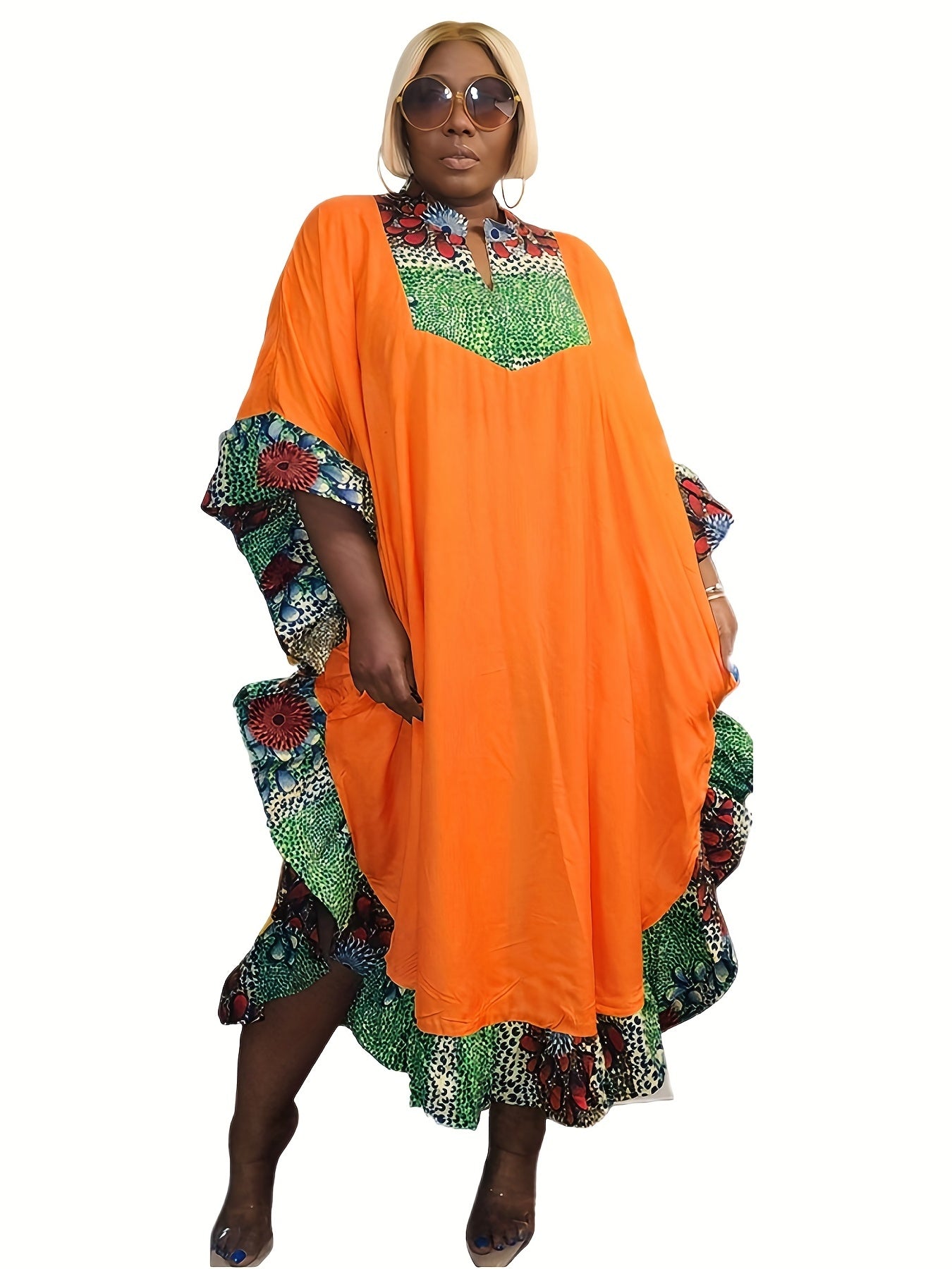  Colorblock Floral Print Abaya Dress with Ruffle Trim