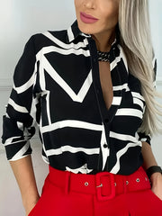  Geometric Print Button Up Long Sleeve Blouse