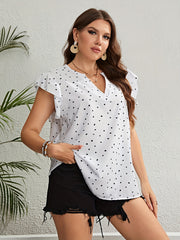  Heart Print V Neck Blouse Ruffle Sleeve Casual Blouse