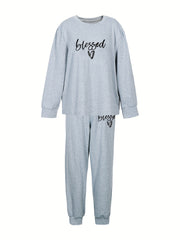 Women's Plus Heart Print Long Sleeve Top & Joggers Outfit Set