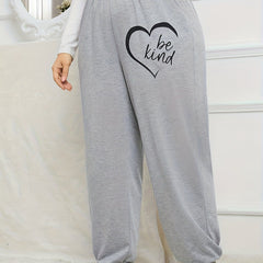 Women's Plus Size Sporty Pants Heart & Slogan Print Elastic Waist