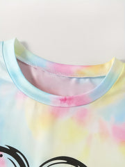 Girl's Heart Butterfly Tie Dye T shirt & Pleated Denim Skirt Set