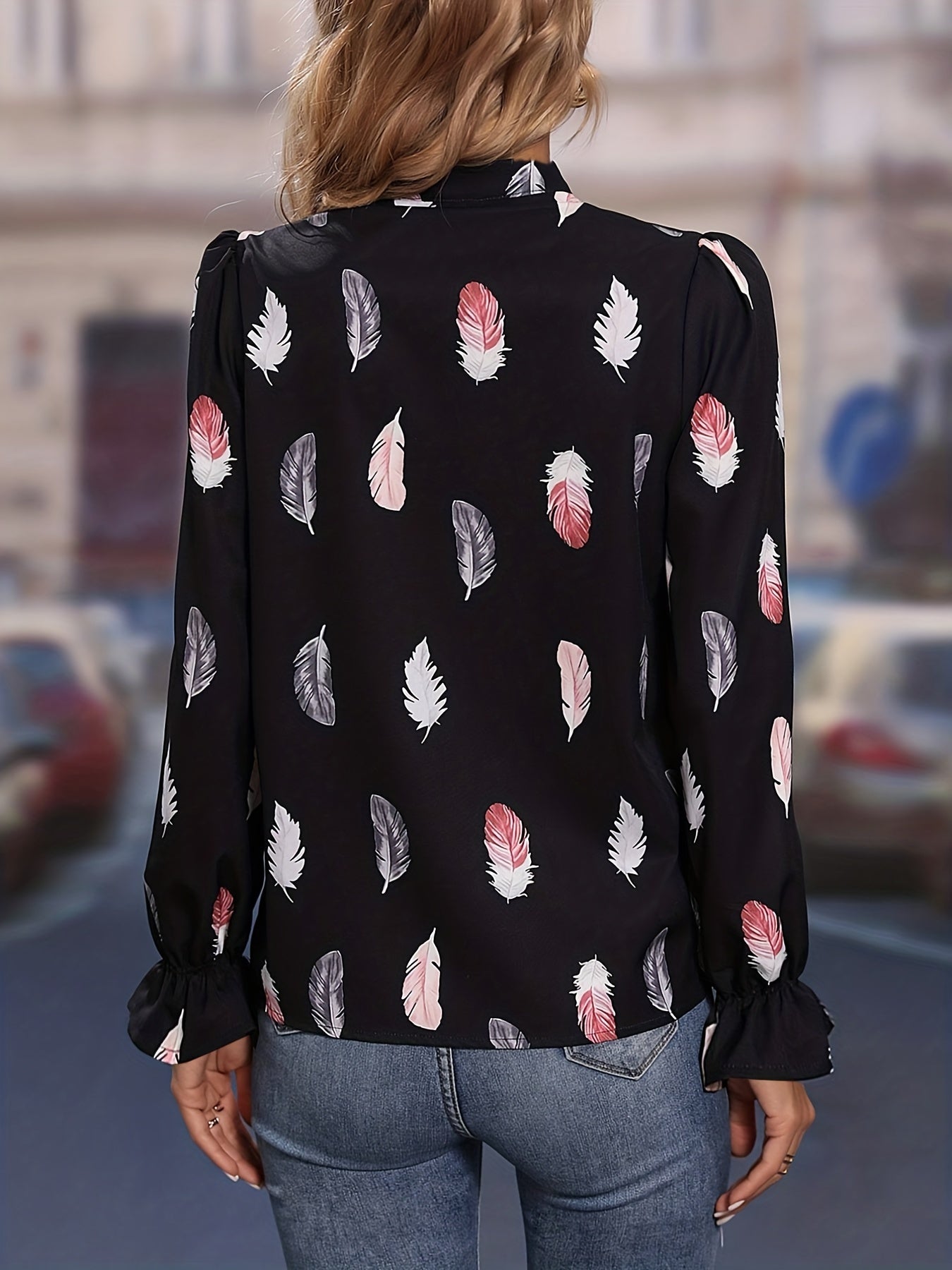  Blouse Women's Plus Feather Print Ruffle Trim Tie Neck Shirt Top
