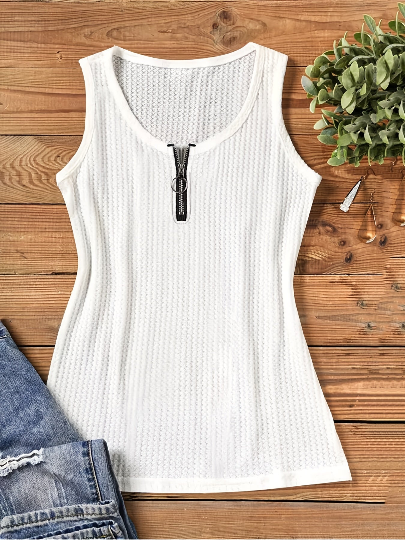  Solid Waffle Round Neck Tank Top