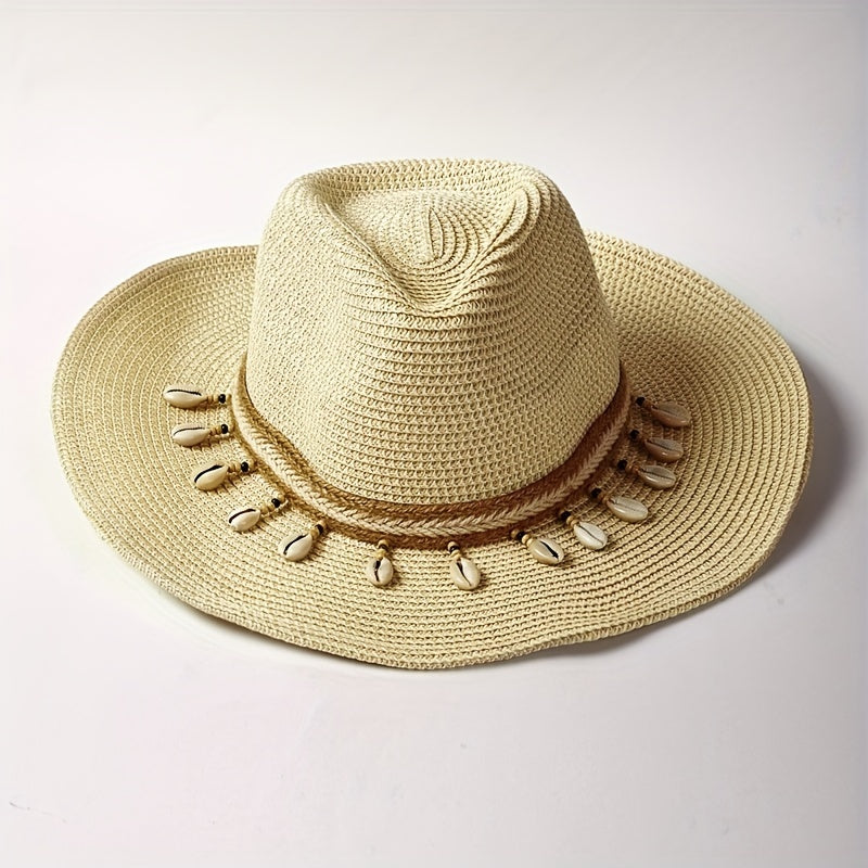 Boho Straw Hat Shell Chain Decor Wide Brim Khaki Sun Hat