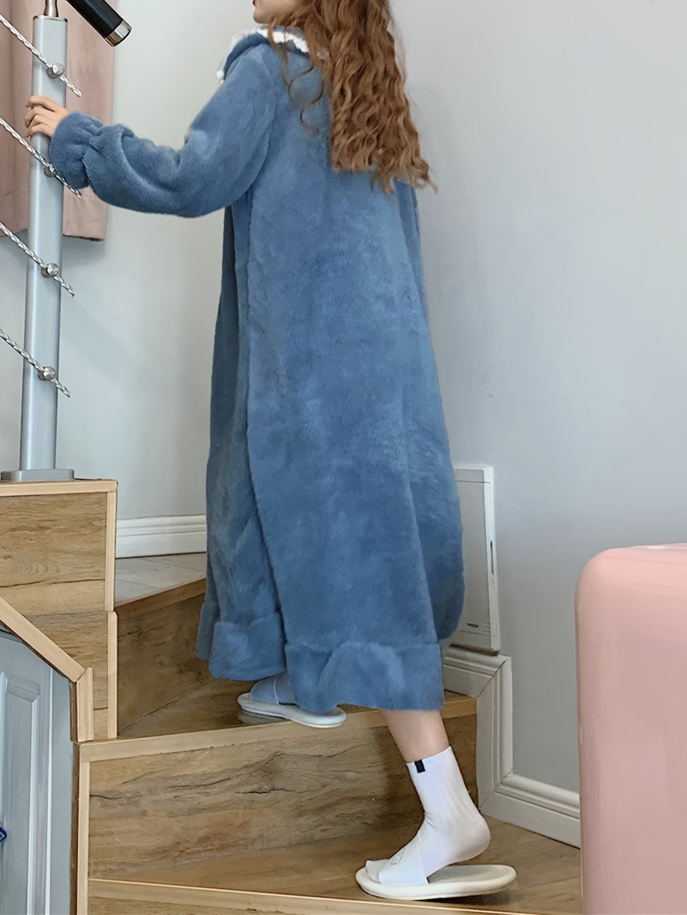 Fuzzy Ruffle NightDress Long Sleeve Bow Pajama Dress Women's Sleepwear