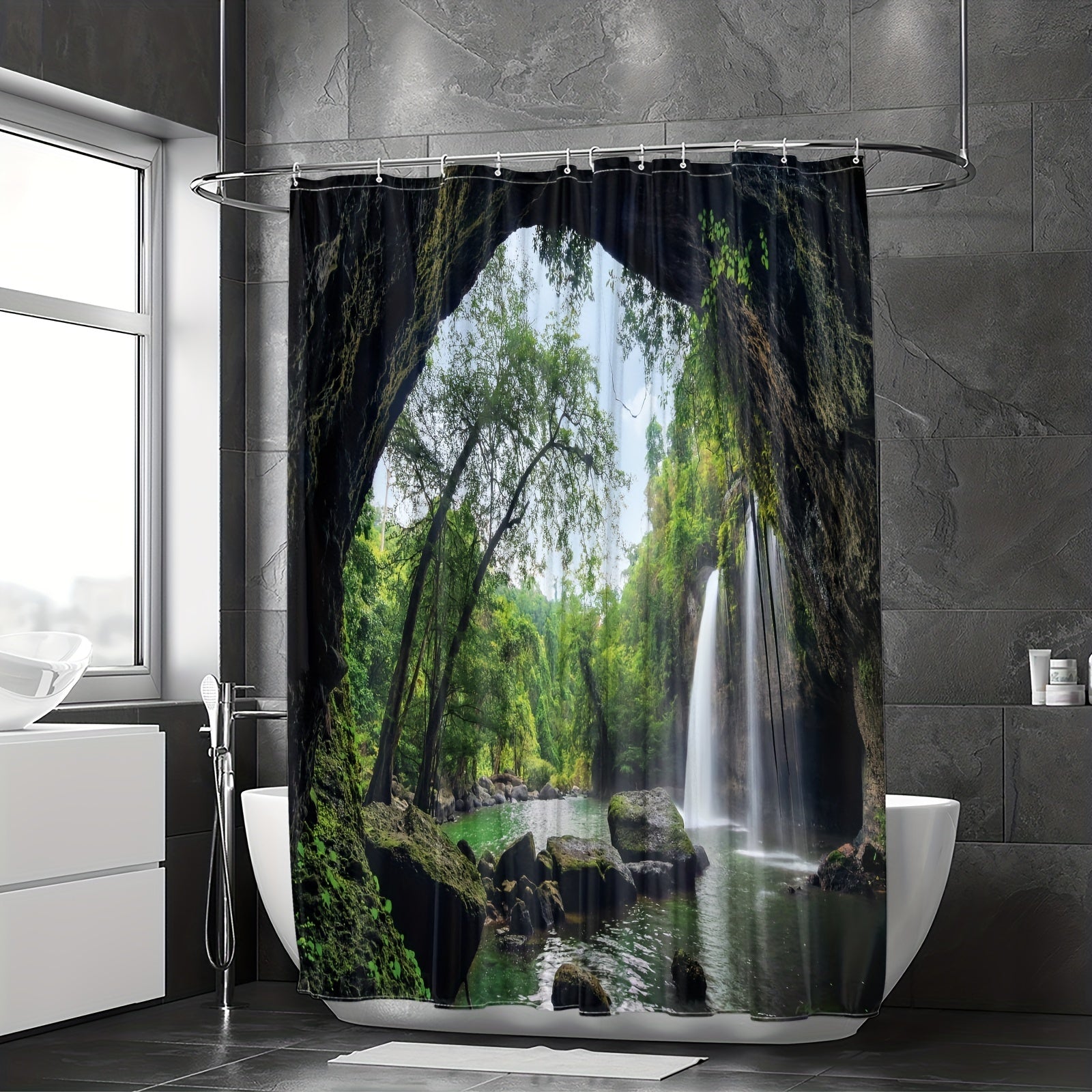 Waterfall Shower Curtain Polyester Waterproof Heat Insulation Bathroom Partit