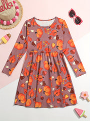 Girls Casual Autumn Flower Print Crew Neck Long Sleeve Dress