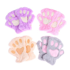 Winter Cartoon Cat Paws Gloves Girl Fingerless Plush Gloves