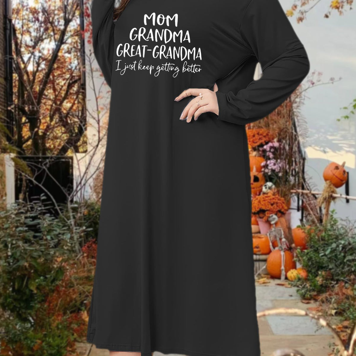  Lounge Dress Women's Plus Letter Print Long Sleeve Round Neck Tee