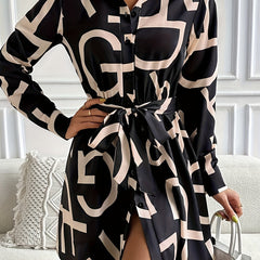  Women's Shirt Dress Letter Print Button Up Long Sleeve
