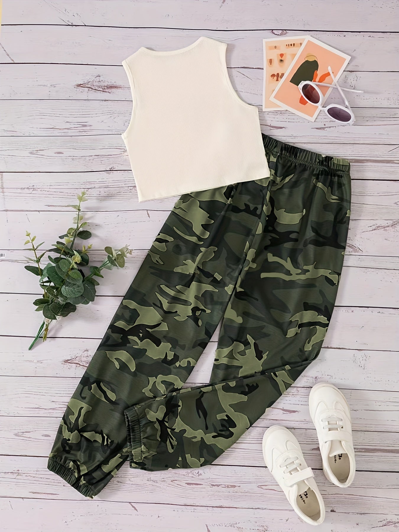 2pcs Girls CONFIDENT Graphic Tank Tops & Camo Pants Set Summer Clothes