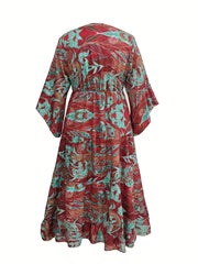  Boho Dress Women's Plus Leaf & Paisley Irregular Sleeve V Neck Dress