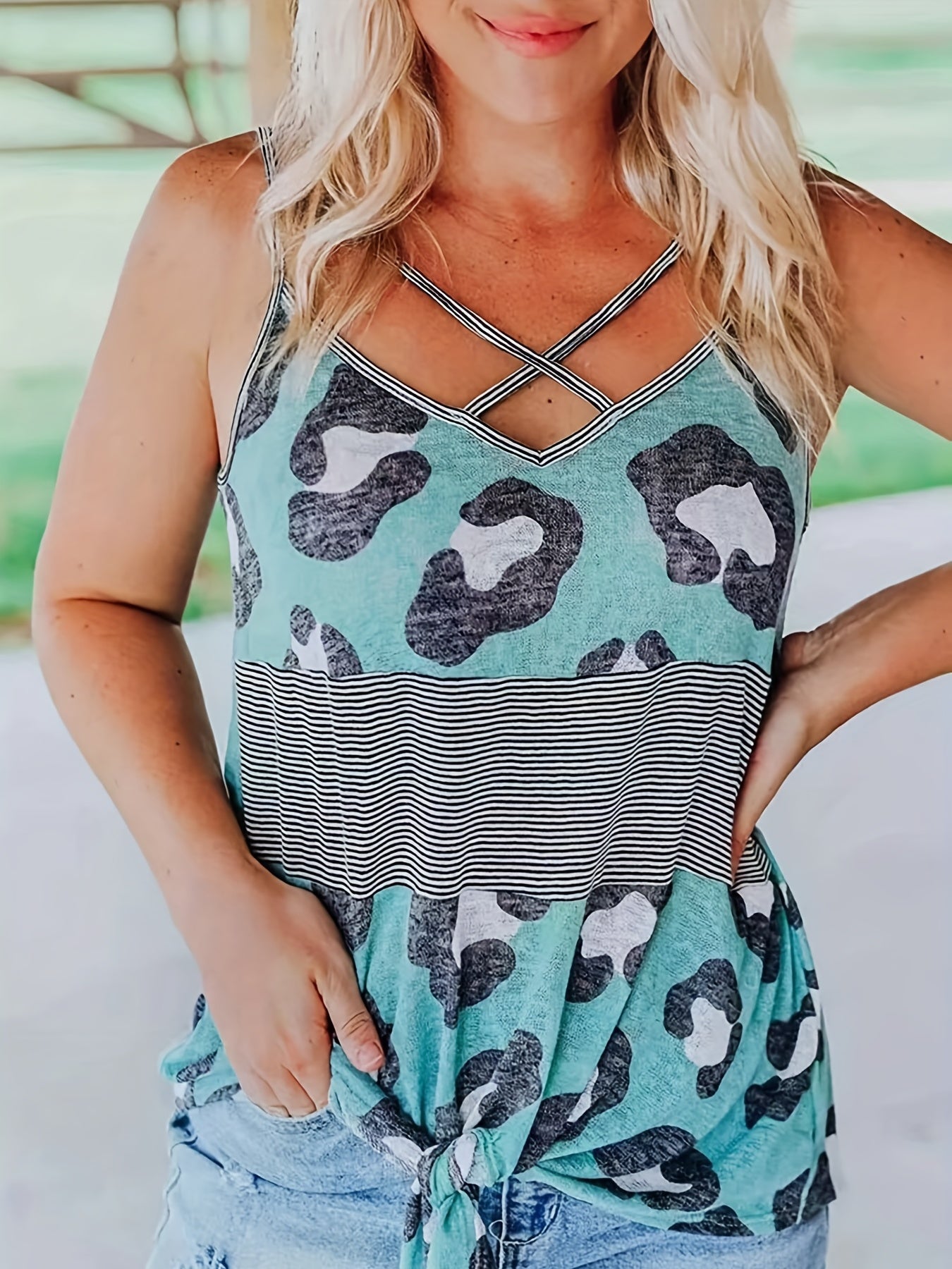 Stripe & Leopard Print Cross Front Cami Top V Neck Spaghetti Strap Summer Top