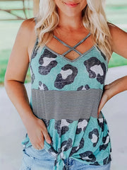 Stripe & Leopard Print Cross Front Cami Top V Neck Spaghetti Strap Summer Top
