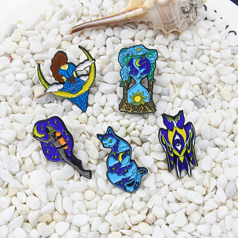 Starry Cat Moon Girl Hourglass Diver Double Head Bird Brooch