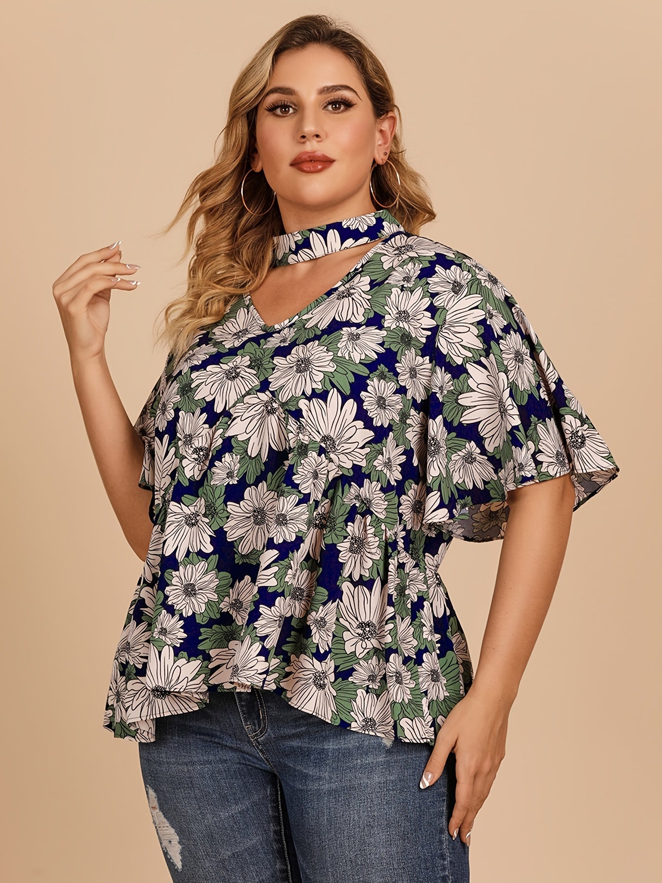 Floral Print Halter Neck Short Sleeve Blouse Plus Size