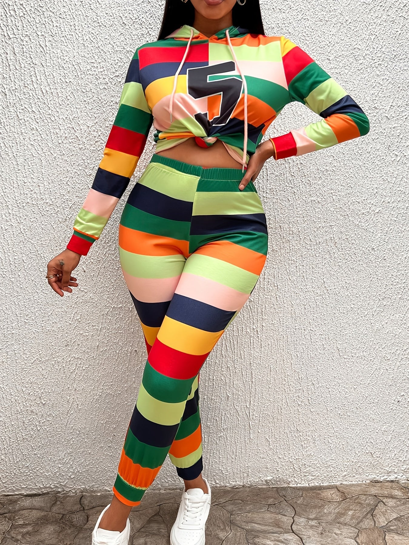  Colorblock Number Print Hooded Top & Leggings Set