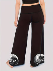 Women's Plus Moon Print Wide Waistband Wide Leg Medium Stretch Trousers