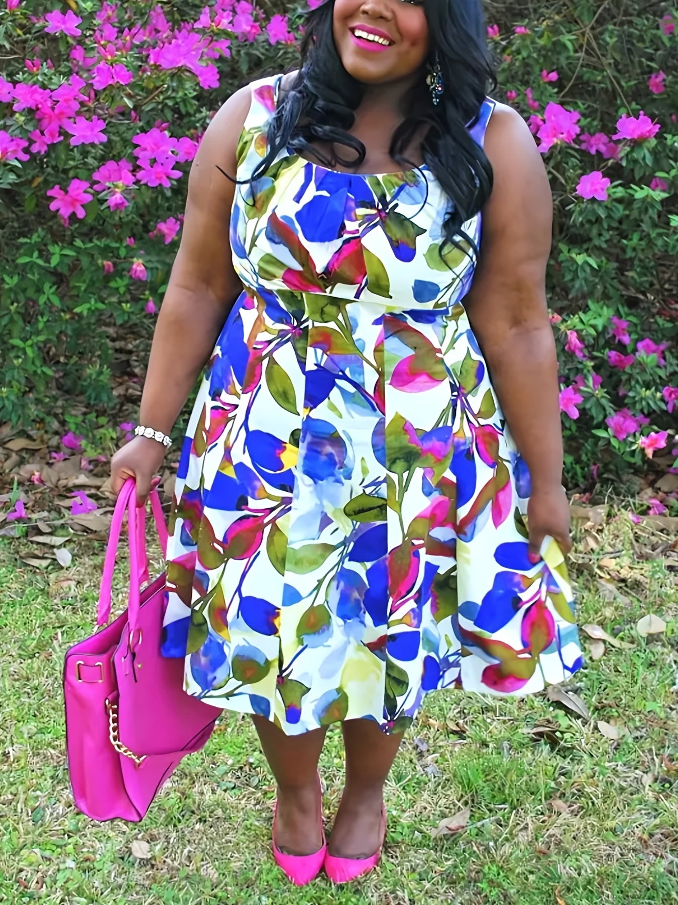  Floral Print Round Neck Midi Dress