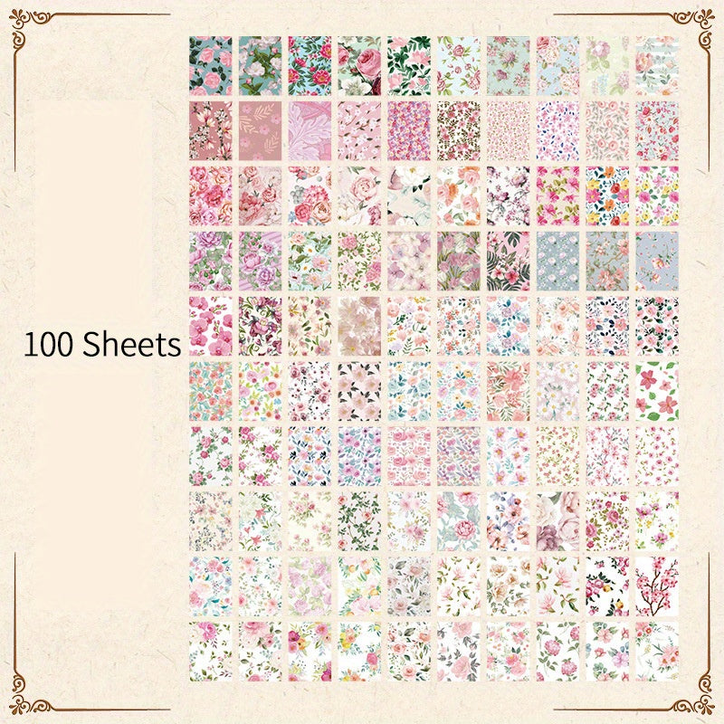 100pcs Vintage Flowers Pattern DIY Scrapbook Paper Background